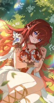 1girl armlet bare_shoulders blue_eyes bracelet character_doll commentary demigoddess doll dress flower grass hair_spread_out highres honkai:_star_rail honkai_(series) hugging_doll hugging_object jewelry long_hair looking_at_viewer on_grass parted_lips pointy_ears red_hair solo symbol-shaped_pupils trianne_(honkai:_star_rail) tribbie_(honkai:_star_rail) tribios_(honkai:_star_rail) trinnon_(honkai:_star_rail) very_long_hair white_dress white_flower woodsage88