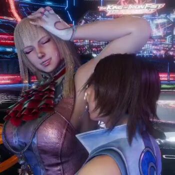2girls 3d animated armpits bakushin_o_armpit_gif_(meme) bare_shoulders blonde_hair bouncing_breasts breasts brown_hair closed_eyes emilie_de_rochefort excovacado fingerless_gloves gloves kazama_asuka licking licking_armpit lips long_hair multiple_girls musi_cassie short_hair sleeveless tagme tekken tekken_8 video yuri
