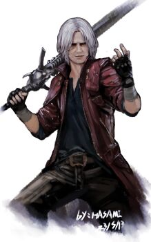 1boy absurdres artist_name bandaged_wrist bandages belt belt_buckle black_belt black_eyes black_gloves black_pants black_shirt buckle closed_mouth coat cropped_legs dante_(devil_may_cry) dated devil_may_cry_(series) facial_hair fingerless_gloves gloves hand_up highres holding holding_sword holding_weapon hua_ha_jiazi male_focus open_clothes open_coat pants parted_bangs red_coat shirt short_hair simple_background solo stubble sword three-quarter_sleeves unzipped weapon white_background white_hair zipper