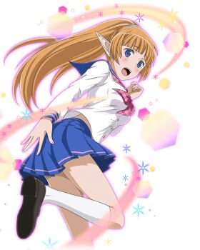 1girl blue_eyes blue_sailor_collar blue_skirt blush bow breasts brown_shoes chest_bow dungeon_ni_deai_wo_motomeru_no_wa_machigatteiru_darou_ka elf embarrassed female_focus lefiya_viridis legs long_ears long_hair long_sleeves looking_at_viewer looking_back medium_breasts miniskirt open_mouth orange_hair pleated_skirt pointy_ears ponytail red_bow sailor_collar sailor_uniform school_uniform serafuku shoes simple_background skirt socks solo solo_focus sword_oratoria teeth thighs tongue very_long_hair white_background white_serafuku white_socks