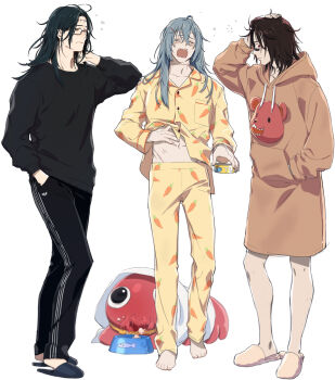 Rule 34 | 3boys, alternate costume, barefoot, black hair, black pants, black slippers, black sweater, blue hair, bowl, carrot print, closed eyes, dagon (jujutsu kaisen), food print, full body, glasses, hand in pocket, hand on own head, highres, jujutsu kaisen, long hair, mahito (jujutsu kaisen), male focus, medium hair, multiple boys, no pants, nonockha, pajamas, pants, pet bowl, rectangular eyewear, simple background, slippers, squid, stitched arm, stitched face, stitched neck, stitches, sweater, track pants, white background, white slippers, yawning, yellow pajamas