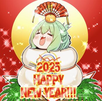 1boy 2025 :3 artist_name blush closed_eyes commentary dated food food_on_head fruit fruit_on_head green_hair hair_between_eyes hand_fan happy_new_year hogerarara new_year object_on_head open_mouth orange_(fruit) otori_tan outline parted_lips red_background seitokai_ni_mo_ana_wa_aru! smile solo sparkle symbol-only_commentary twitter_username white_outline