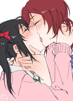 2girls black_hair bow cardigan closed_eyes commentary_request french_kiss hair_bow hand_on_another's_neck highres kiss long_sleeves love_live! love_live!_school_idol_project multiple_girls nishikino_maki open_mouth otonokizaka_school_uniform pink_cardigan red_bow red_hair school_uniform simple_background surfacedxxc twintails white_background yazawa_nico yuri