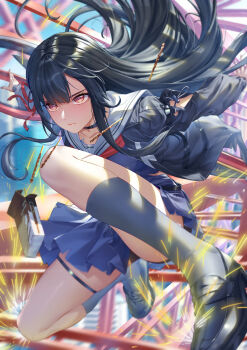 Rule 34 | 1girl, absurdres, black choker, black hair, black jacket, black shirt, black shoes, black skirt, black socks, chisa (wuthering waves), choker, closed mouth, collarbone, commentary, food, hair ribbon, highres, hitpig, jacket, long hair, outstretched arms, pocky, red ribbon, ribbon, sailor collar, shirt, shoes, skirt, socks, solo, thigh strap, thighs, white sailor collar, wuthering waves