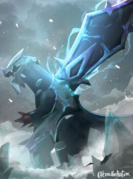 absurdres artist_name baxcalibur blue_claws blue_skin bo_(bouillustration) colored_sclera colored_skin dragon fangs highres ice mega_baxcalibur mega_pokemon nintendo no_humans open_mouth pokemon pokemon_(creature) pokemon_focus pokemon_legends:_z-a scales skin_fangs snow spine spines spinosaurus twitter_username v-shaped_eyes yellow_eyes yellow_sclera