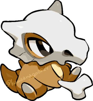 black_eyes bone bright_pupils chibi chibi_only commentary_request cubone full_body gen_1_pokemon holding holding_bone kawaanago lowres nintendo no_humans pokemon pokemon_(creature) pokemon_focus sitting skull_on_head solo transparent_background twitter_username white_pupils