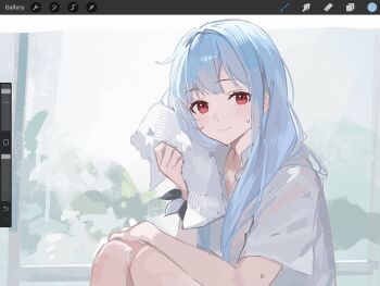 Rule 34 | 1girl, art program in frame, blue hair, closed mouth, commentary, feet out of frame, freesia (stella sora), holding, holding towel, long hair, looking at viewer, procreate (medium), red eyes, shirt, short sleeves, sitting, smile, solo, soybean (hisoybean), split mouth, stella sora, symbol-only commentary, towel, white shirt