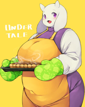 1girl apron artist_request copyright_name english_text female_focus food furry furry_female goat pie purple_eyes solo toriel tray undertale utdr_(toby_fox)