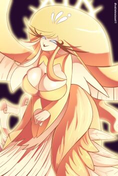 1girl absurdly_long_hair beak bird_girl blonde_hair blue_eyes breasts commentary dress english_commentary feathers furry furry_female hazbin_hotel hellaverse highres large_breasts long_eyelashes long_hair mrdarknessart1 solo speaker_of_god_(hazbin_hotel) very_long_hair yellow_dress yellow_feathers
