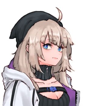 1girl aa-12_(girls'_frontline) ahoge black_hair black_headscarf blue_eyes breasts cleavage cleavage_cutout closed_mouth clothing_cutout collarbone eonsang expressionless flower girls'_frontline grey_hair hair_flower hair_ornament headscarf hood hooded_jacket jacket long_sleeves medium_breasts medium_hair open_clothes open_jacket simple_background solo white_background white_jacket