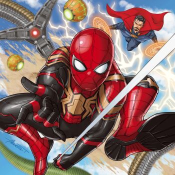 Rule 34 | 2boys, \m/, animal print, artist name, azusa tanaka, beard, black bodysuit, black hair, blue pants, blue shirt, blue sky, blurry, bodysuit, bomb, cape, cloud, cloudy sky, commentary, day, depth of field, doctor octopus, doctor strange, electricity, electro (spider-man), electrokinesis, explosive, eye of agamotto, facial hair, flying, full body, goatee, gold trim, gradient hair, green goblin, grenade, grey hair, highres, in-franchise crossover, leg up, lizard (marvel), lizard tail, looking at viewer, magic, magic circle, male focus, marvel, marvel, mask, mechanical tentacles, midair, mixed-language commentary, multicolored bodysuit, multicolored hair, multiple boys, mystical high collar, outstretched arm, pants, print bodysuit, red bodysuit, red cape, sandman (marvel), sandstorm, shirt, shoe soles, signature, silk, skin tight, sky, solo focus, spider-man, spider-man: no way home, spider-man (series), spider print, spider web, spider web print, superhero costume, tail, toned, toned male, two-tone bodysuit, two-tone hair