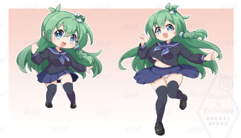 1girl alternate_costume black_shirt black_shoes black_thighhighs blue_eyes blue_skirt border bra bra_peek breasts chibi commentary_request frog_hair_ornament full_body futa_(nabezoko) gradient_background green_hair hair_ornament hair_tubes kochiya_sanae large_breasts loafers long_hair long_sleeves looking_at_viewer multiple_views navel open_mouth panties pantyshot pleated_skirt school_uniform serafuku shirt shoes single_hair_tube skirt smile thighhighs touhou underwear watermark white_border white_bra white_panties