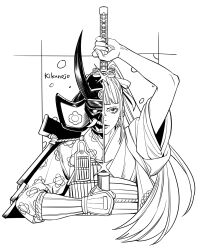 Rule 34 | 1boy, arm up, armor, character name, closed mouth, commentary request, cropped torso, eyelashes, greyscale, highres, holding, holding sword, holding weapon, japanese clothes, kikunojo (one piece), kimono, looking at viewer, male focus, mask, monochrome, mush820823, obi, one piece, ponytail, sash, shoulder armor, snow, solo, sword, weapon