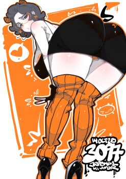 1girl absurdres artist_name ass bent_over bilingual_commentary black_dress black_shoes breasts commentary demon_girl demon_horns demon_tail dress english_commentary from_behind full_body glasses grey_eyes grey_hair heart highres horns jrpencil large_breasts looking_at_viewer looking_back mixed-language_commentary orange_thighhighs original panties panty_peek parted_lips shoes short_dress short_hair solo speech_bubble spoken_heart striped_clothes striped_thighhighs tail thighhighs underwear vertical-striped_clothes vertical-striped_thighhighs