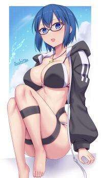 1girl bikini black_bikini black_jacket blue_eyes blue_hair blush border breasts c.i.e.l_(fate) ciel_(tsukihime) fate/grand_order fate_(series) glasses highres jacket large_breasts mysterious_executor_c.i.e.l_(fate) short_hair solo soukitsu swimsuit tsukihime white_border