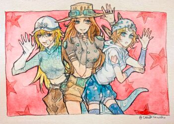 Rule 34 | 3girls, baggy pants, bandage on face, bandages, blonde hair, blue eyes, brown hair, cowboy hat, diego brando, feathers, fingerless gloves, genderswap, genderswap (mtf), gloves, goggles, goggles on headwear, green eyes, gyro zeppeli, hat, johnny joestar, jojo no kimyou na bouken, long hair, multiple girls, navel, pants, sandsawako, scary monsters (stand), short hair, short shorts, shorts, stand (jojo), star (symbol), star symbol background, steel ball run, tail, thighhighs, traditional media, twitter username, watermark, web address, white gloves, wristband, zettai ryouiki