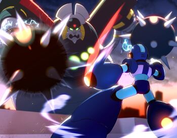 Rule 34 | 2boys, android, arm cannon, armor, ball and chain (weapon), blue armor, blue headwear, from behind, glowing, glowing eyes, highres, incoming attack, maoh the giant (mega man), mega man (series), mega man x3, mega man x (series), motion lines, multiple boys, no-rishio, on roof, robot, shoulder armor, speed lines, spiked ball and chain, weapon, x (mega man)