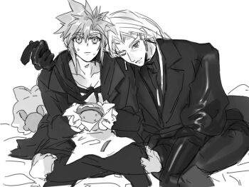 Rule 34 | 2boys, :3, black gloves, black shirt, burger, chocobo, closed mouth, cloud strife, cloud strife (urban wolf), collarbone, denim, dissidia duellum final fantasy, dissidia final fantasy, earrings, final fantasy, food, gloves, holding, holding food, jacket, jeans, jewelry, long hair, long sleeves, male focus, multiple boys, necklace, official alternate costume, one eye closed, pants, sephiroth, shirt, short hair, sitting, slit pupils, spiked hair, suit jacket, sweatdrop, torn clothes, torn pants, turtleneck, yaki00406, yaoi