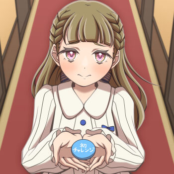 1girl 3: badge blush bow braid brown_hair button_badge center-flap_bangs collared_shirt commentary_request frown ganbarai hair_bow highres holding_badge kachimachi_kosuzu kachimachi_kosuzu_(winter_loungewear) link!_like!_love_live! looking_at_viewer love_live! multicolored_eyes official_alternate_costume pink_bow pink_eyes raised_inner_eyebrows ribbed_shirt rounded_collar shirt side_braids solo split_mouth striped_bow two-tone_eyes upper_body virtual_youtuber white_shirt yellow_eyes