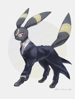 animal_focus black_fur black_suit bow bowtie butler closed_mouth clothed_pokemon commentary_request facial_mark forehead_mark formal_clothes full_body gen_2_pokemon highres kosokoso_002 looking_at_viewer monocle nintendo no_humans pokemon pokemon_(creature) pokemon_focus red_eyes simple_background solo standing suit tailcoat umbreon white_background white_bow white_bowtie yellow_fur
