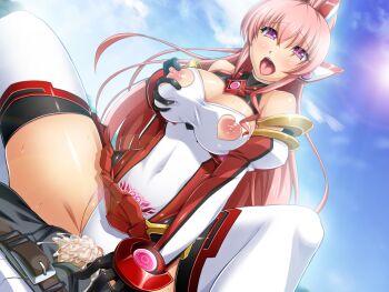 1boy 1girl 8000 assertive_female bare_shoulders belt black_gloves blush breasts censored chest_jewel cleavage_cutout clothed_sex clothing_aside clothing_cutout cloud covered_navel cowgirl_position cum cum_in_pussy cum_overflow day deep_skin dutch_angle elbow_gloves exs-tia_chevalier exs-tia_chevalier_(exs-tia_2) female_orgasm game_cg girl_on_top gloves grabbing_own_breast headgear heart heart-shaped_pupils heart_cutout hetero kouyoku_senki_exs-tia large_breasts large_variant_set lens_flare leotard long_hair magical_girl nipple_cutout nippleless_clothes nipples non-web_source official_art open_fly open_mouth orgasm outdoors pants penis pink_hair pleated_skirt ponytail pubic_tattoo purple_eyes rieszverne_suzette_paladill saliva sex shiny_skin skirt sky solo_focus spread_legs straddling sun sweat symbol-shaped_pupils tattoo thighhighs tongue tongue_out torn_clothes torogao vaginal variant_set very_long_hair white_leotard