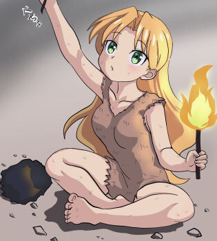 1girl :o absurdres barefoot blonde_hair braid breasts caveman collarbone commentary_request fire green_eyes grey_background highres holding holding_torch long_hair looking_up masasim medium_breasts petite ruri_no_houseki single_braid sitting solo tanigawa_ruri torch translation_request