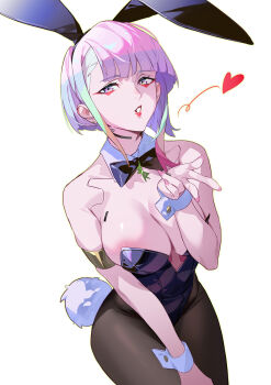 1girl absurdres animal_ear_hairband animal_ears bare_shoulders bigroll black_leotard black_pantyhose blue_hair breasts cleavage commentary_request cyberpunk:_edgerunners cyberpunk_(series) cyborg eyeliner fake_animal_ears fake_tail green_hair hairband highres large_breasts leotard looking_at_viewer lucy_(cyberpunk) makeup multicolored_eyes multicolored_hair pantyhose pink_hair playboy_bunny rabbit_ear_hairband rabbit_ears rabbit_tail red_eyeliner short_hair skin_seams solo strapless strapless_leotard tail