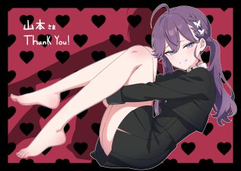 Rule 34 | 1girl, absurdres, ahoge, bare legs, barefoot, black dress, black jacket, blue eyes, blush, butterfly hair ornament, commentary request, cropped jacket, dress, feet, full body, gakuen idolmaster, hair between eyes, hair ornament, highres, hugging own legs, idolmaster, jacket, kaya rinha, knees together feet apart, legs, long hair, long sleeves, looking at viewer, patterned background, pleated dress, purple hair, red background, school uniform, short dress, sitting, smile, solo, toenails, toes, toxic pter, twintails