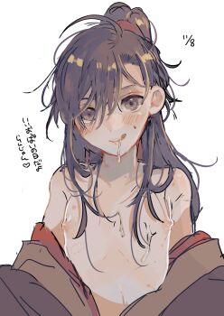 1boy aged_down ahoge amana_raika androgynous bare_shoulders black_hair black_hanfu blush brown_eyes brown_hair chinese_clothes closed_mouth collarbone cum cum_in_mouth dated grey_eyes hair_between_eyes hair_ribbon hanfu heart hickey highres implied_yaoi licking_lips long_hair looking_at_viewer male_focus modao_zushi nipples off_shoulder open_clothes open_robe ponytail red_ribbon ribbon robe simple_background smile solo sweat tongue tongue_out trap upper_body wei_wuxian white_background