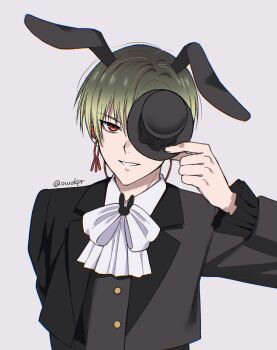 1boy absurdres animal_ears black_jacket blonde_hair bow bowtie chii_(owokpr) commentary_request covering_own_eyes fake_animal_ears gradient_hair grey_background hand_up hat hat_over_one_eye highres holding holding_unworn_clothes holding_unworn_hat jacket kannazuki_ai king_of_prism long_sleeves looking_at_viewer male_focus multicolored_hair one_eye_covered pretty_rhythm pretty_series rabbit_ears red_eyes short_hair simple_background smile solo twitter_username unworn_hat unworn_headwear upper_body white_bow white_bowtie