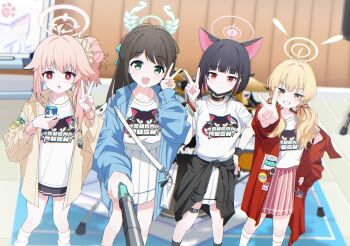 4girls :d absurdres after-school_sweets_club_(blue_archive) ahoge airi_(band)_(blue_archive) airi_(blue_archive) animal_ears animal_hands ankle_socks asymmetrical_sidelocks badge bag belt black_choker black_hair black_jacket black_mask black_shoes black_socks black_wrist_cuffs blonde_hair blue_archive blue_carpet blue_jacket blurry blush bow bracelet brown_eyes brown_hair button_badge cake cake_slice cat cat_ears cat_paws chain choker clothes_around_waist collarbone collared_jacket colored_inner_animal_ears colored_inner_hair commentary_request depth_of_field drum drum_set english_text flipped_hair food green_bow green_eyes green_halo grin hair_bow hair_bun hair_ornament hair_ribbon hair_scrunchie halo hand_on_own_hip high-waist_skirt highres holding_juice_box ice_cream instrument jacket jacket_around_waist jewelry juice_box kazusa_(band)_(blue_archive) kazusa_(blue_archive) kneehighs korean_commentary long_hair long_sleeves loose_socks low_twintails macaron mask_lift miniskirt multicolored_hair multiple_bracelets multiple_girls natsu_(band)_(blue_archive) natsu_(blue_archive) official_alternate_costume open_clothes open_jacket open_mouth parted_lips pink_hair pink_halo pink_skirt pink_wrist_cuffs pleated_skirt poorunii puffy_long_sleeves puffy_sleeves red_eyes red_jacket red_ribbon ribbon ring scrunchie selfie_stick shirt shoes short_hair short_sleeves shoulder_bag side-by-side sidelocks simple_background single_side_bun skirt slit_pupils smile socks standing sticker t-shirt thigh_belt thigh_strap transparent_background twintails two-tone_hair v v-shaped_eyebrows v-shaped_eyes white_carpet white_shirt whiteboard wrist_cuffs yellow_halo yoshimi_(band)_(blue_archive) yoshimi_(blue_archive)
