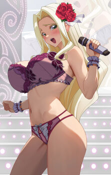 1girl :d absurdres akihiro0920 blonde_hair blue_eyes blush bra breasts commentary_request flower hair_flower hair_ornament highres holding holding_microphone kimi_no_koto_ga_dai_dai_dai_dai_daisuki_na_100-nin_no_kanojo large_breasts long_hair looking_at_viewer microphone navel open_mouth panties parted_bangs pink_bra pink_panties rose sidelocks smile solo stage standing underwear underwear_only utsukushisugi_mimimi