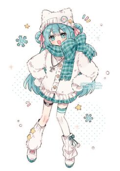 1girl :d alternate_hairstyle animal_hat asymmetrical_legwear blush bow buttons cardigan cat_hat commentary cross cross_necklace double-parted_bangs double_bun full_body green_eyes green_hair green_scarf green_skirt grey_outline hair_between_eyes hair_bun hair_ribbon hands_on_own_hips hat hat_ornament hatsune_miku highres jewelry long_hair looking_at_viewer miniskirt necklace notice_lines open_mouth outline pink_ribbon plaid_clothes plaid_scarf plaid_skirt pleated_skirt ribbon scarf scarf_bow shoes simple_background single_thighhigh skirt smile snowflakes socks solo standing star_(symbol) star_hat_ornament symbol-only_commentary thigh_strap thighhighs uneven_legwear vocaloid white_background white_cardigan white_hat white_shoes white_socks white_thighhighs yukomeow