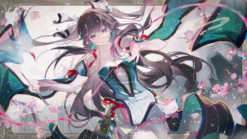 1girl bare_shoulders black_hair calligraphy_brush china_dress chinese_clothes chinese_commentary clothing_cutout commentary_request dress elbow_gloves floating_hair glasses glove_cutout gloves hands_up highres holding holding_calligraphy_brush holding_paintbrush long_hair looking_at_viewer paintbrush pantyhose parted_lips qianqianjie reaching reaching_towards_viewer solo very_long_hair white_gloves white_pantyhose wuthering_waves zhezhi_(wuthering_waves)