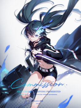 1girl 2025 belt belt_buckle bikini black_bikini black_boots black_hair black_jacket black_rock_shooter black_rock_shooter_(character) black_shorts blue_eyes boots buckle chain closed_mouth commission flaming_eye flat_chest floating_hair front-tie_bikini_top front-tie_top groin hair_between_eyes highres holding holding_sword holding_weapon jacket katana long_hair long_sleeves navel open_clothes open_jacket rookive short_shorts shorts solo stomach swimsuit sword twintails very_long_hair weapon white_background white_belt