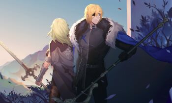 1boy 1girl areadbhar_(fire_emblem) armor black_armor black_fur blonde_hair blue_cape blue_eyes blue_sky breasts cape chinese_commentary commentary_request dimitri_alexandre_blaiddyd dimitri_alexandre_blaiddyd_(timeskip) eyepatch female_byleth_(awakened)_(fire_emblem) female_byleth_(fire_emblem) fire_emblem fire_emblem:_three_houses fur-trimmed_cape fur_trim hair_between_eyes highres holding holding_polearm holding_sword holding_weapon kyounatsuuu leaf medium_breasts medium_hair nintendo official_alternate_hair_color one_eye_covered outdoors polearm sky sword sword_of_the_creator weapon white_fur