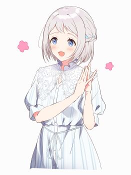 1girl absurdres blue_eyes blue_ribbon blush braid commentary_request cropped_legs dress flower_symbol gakuen_idolmaster grey_hair hair_ribbon half_up_braid hands_up highres idolmaster katsuragi_lilja looking_at_viewer nanananananasea open_mouth palms_together puffy_short_sleeves puffy_sleeves ribbon ribbon_braid short_hair short_sleeves simple_background smile solo white_background white_dress