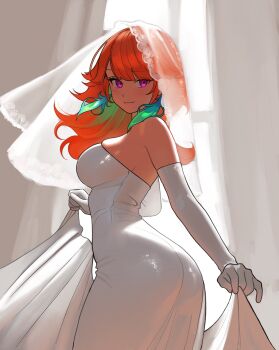 1girl alternate_costume breasts bridal_veil commentary dress earrings elbow_gloves english_commentary feather_earrings feathers gloves green_feathers highres hololive hololive_english jewelry large_breasts long_hair looking_at_viewer mlkhimari orange_hair purple_eyes skindentation smile solo takanashi_kiara veil virtual_youtuber wedding_dress white_dress white_gloves