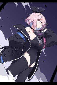 1girl absurdres black_jacket black_leotard black_ribbon black_thighhighs breasts colored_inner_hair commentary commission covered_navel fishnet_leotard fishnets gun hair_ribbon hand_in_pocket handgun highres holding holding_weapon jacket large_breasts leotard letterboxed long_sleeves looking_at_viewer luke_(dydansgur) medium_hair multicolored_hair open_clothes open_jacket original outdoors pink_eyes pink_hair purple_sky revolver ribbon serious sky sleeves_past_wrists solo thighhighs thighs two-tone_hair weapon
