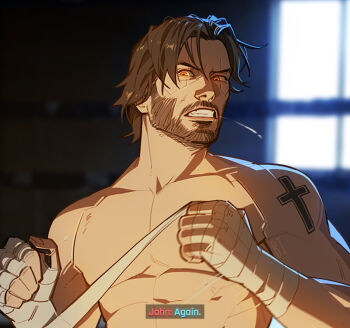 Rule 34 | 1boy, bandaged hand, bandages, beard, blurry, blurry background, boredth, brown hair, character name, clenched teeth, cross tattoo, cyberpunk (series), cyberpunk 2077, depth of field, facial hair, indoors, johnny silverhand, looking at viewer, orange eyes, short hair, shoulder tattoo, solo, subtitled, tattoo, teeth, topless male