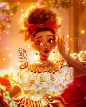 1girl afro bow brown_eyes brown_hair choker colombian_clothes curly_hair dark-skinned_female dark_skin dolores_madrigal earrings encanto hair_bow hashtag-only_commentary heart heart_earrings highres jewelry red_bow red_choker roytheart simple_background skirt very_dark_skin