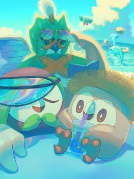 adjusting_eyewear alternate_color beach book bright_pupils brown_eyes closed_eyes clothed_pokemon cloud commentary_request cup dartrix day decidueye drinking drinking_straw evolutionary_line gen_1_pokemon gen_7_pokemon highres holding holding_cup lapras mokukitusui nintendo no_humans outdoors pokemon pokemon_(creature) rowlet shadow shiny_and_normal shiny_pokemon sky sunglasses water