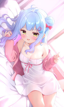 1girl :3 antenna_hair areola_slip bare_shoulders bed_sheet blue_hair blurry blurry_background blush bow breasts cardigan cardigan_partially_removed collarbone colored_inner_hair cowboy_shot double_bun dress dress_ribbon elephant_hair_ornament hair_bow hair_bun hair_ornament hands_up heart heart_hair_ornament indie_virtual_youtuber indoors kiyokura_meru_(vtuber) kudok87 long_hair long_sleeves looking_at_viewer lying multicolored_hair naughty_face off_shoulder on_bed on_side open_cardigan open_clothes open_mouth pillow pink_cardigan pink_hair pink_ribbon red_bow ribbon short_dress sidelocks sleeves_past_wrists small_breasts smile solo spaghetti_strap strap_slip sundress underbust v-shaped_eyebrows white_dress yellow_eyes
