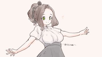 1girl black_bow bow breasts brown_hair closed_mouth forehead green_eyes grey_skirt hair_bow high-waist_skirt highres large_breasts looking_ahead medium_hair olto_rondo original outstretched_arms shirt short_sleeves simple_background skirt smile solo tareme upper_body white_shirt