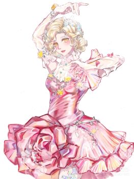 1girl baiweiyaoji bare_shoulders blonde_hair butterfly_hair_ornament curly_hair dress elbow_gloves flower frills gloves hair_ornament highres identity_v jewelry looking_at_viewer margaretha_zelle margaretha_zelle_(sylphide) necklace pantyhose petals pink_dress pink_flower rose rose_petals short_hair simple_background sleeveless sleeveless_dress smile solo watermark white_background white_pantyhose xiaohongshu_watermark yellow_eyes