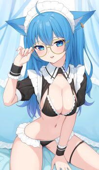 1girl adjusting_eyewear ahoge animal_ears between_legs bikini black_bikini black_shrug blue_eyes blue_hair cat_ears closed_mouth crop_top framed_breasts frilled_bikini frills glasses hand_between_legs hand_on_eyewear hand_up highres long_hair looking_at_viewer maid maid_bikini maid_headdress nanashi_inc. navel nishino_eri no_pants round_eyewear short_sleeves shrug_(clothing) sitting smile solo souya_ichika stomach string_bikini swimsuit thigh_strap thighs tongue tongue_out unconventional_maid virtual_youtuber wing_collar wrist_cuffs yellow-framed_eyewear