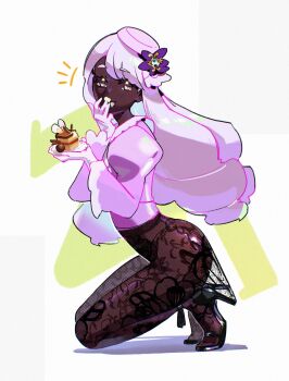 1girl ascot black_pantyhose cake dark-skinned_female dark_skin fascinator food frilled_ascot frills gloves hair_ornament high_heels highres holding holding_food holding_plate jacinthe_(pokemon) juliet_sleeves kneeling lace_pantyhose lace_pantyhose_hooked_on_heel_(meme) long_hair long_sleeves looking_at_viewer low_drills mega_stone meme nintendo pantyhose plate pokemon pokemon_legends:_z-a puffy_sleeves purple_eyes purple_hair purple_shirt see-through_clothes see-through_pantyhose shirt smile solo sugahri very_dark_skin white_gloves