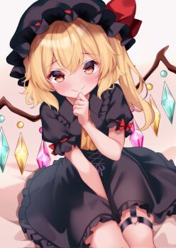 1girl alternate_color alternate_costume ascot bed_sheet between_legs between_thighs black_dress black_hat blonde_hair blush bow closed_mouth commentary_request cowboy_shot cross-laced_clothes cross-laced_dress crystal_wings dot_nose double-parted_bangs dress flandre_scarlet frilled_dress frilled_shirt_collar frills garter_straps hair_between_eyes hand_between_legs hand_on_own_chin hand_up hat hat_bow highres light_smile long_hair looking_at_viewer mob_cap multicolored_wings o-ring o-ring_thigh_strap on_bed orange_hair puffy_short_sleeves puffy_sleeves red_bow shirotsuki_shirone short_sleeves side_ponytail simple_background single_garter_strap sitting sleeve_bow sleeve_garter solo split_mouth stroking_own_chin thigh_strap touhou wings yellow_ascot