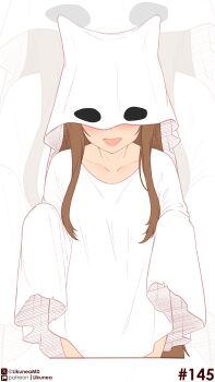 1girl absurdres animal_ears blush brown_hair collarbone commentary english_commentary fang ghost_costume highres holo likunea long_hair open_mouth patreon_logo patreon_username sheet_ghost simple_background smile solo spice_and_wolf tail twitter_username twitter_x_logo wolf_ears wolf_girl wolf_tail zoom_layer