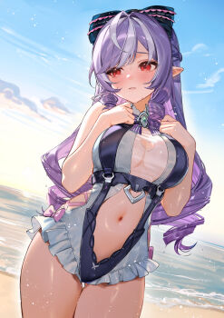 1girl absurdres bare_shoulders black_bow blue_sky blush bow breasts casual_one-piece_swimsuit closed_mouth clothing_cutout commentary day hair_bow hands_up heart_cutout highres large_breasts long_hair looking_to_the_side multicolored_hair ocean official_alternate_costume one-piece_swimsuit outdoors purple_hair red_eyes shore sky smilesmile1312 solo stomach_cutout streaked_hair swimsuit thighs vivian_banshee vivian_banshee_(iris_of_the_shore) wet white_one-piece_swimsuit zenless_zone_zero